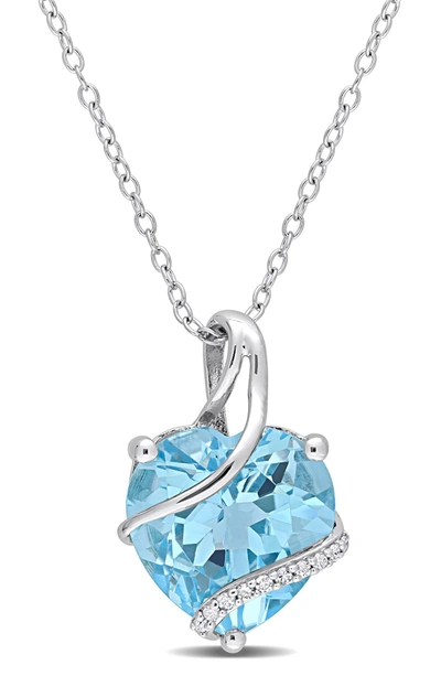 Delmar Sterling Silver Diamond Ribbon Sky Blue Topaz Heart Pendant Necklace