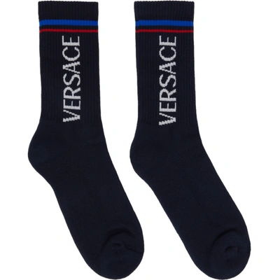 Versace Logo-intarsia Ribbed Socks In Navy White