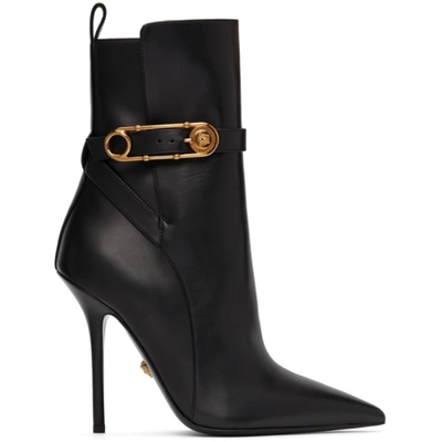 Versace Safety Pin Leather Stiletto Booties In Black