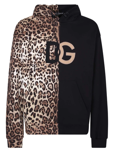 Dolce & Gabbana Leopard-print Spliced Dg Logo Hoodie In Brown