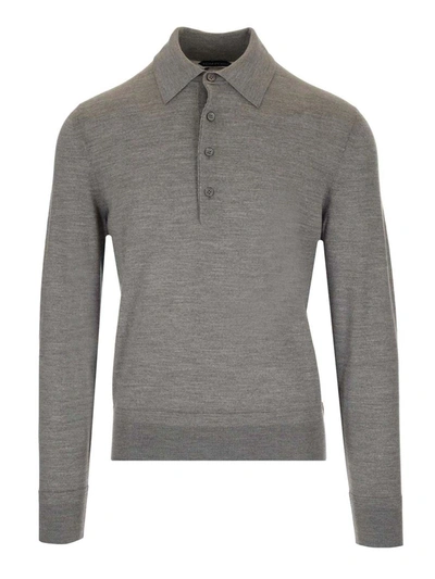 Tom Ford Long Sleeve Wool Polo Shirt In Grey