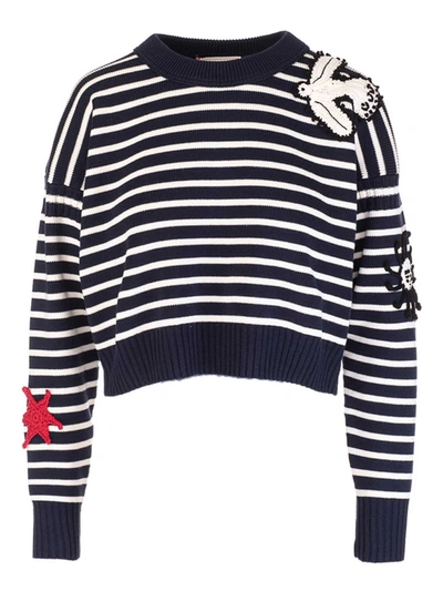 Alexander Mcqueen Appliquéd Striped Wool And Cotton-blend Sweater In White,blue