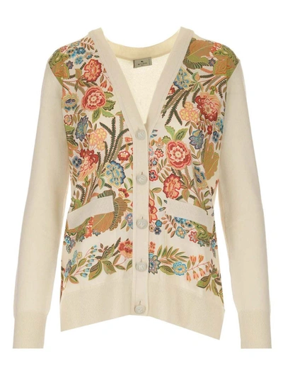Etro Floral Inserts Cardigan In White In Multicolor