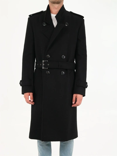 Saint Laurent Double-breasted Trench Coat In Wool Felt In Black