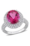 DELMAR STERLING SILVER CREATED WHITE SAPPHIRE HALO OVAL PINK TOPAZ RING