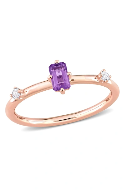 Delmar 10k Rose Gold Emerald Cut Amethyst & Round White Topaz 3-stone Ring In Purple