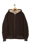 Levi's Workwear Cotton Canvas Faux Shearling Lined Hoodie Bomber Jacket In Dark Brown
