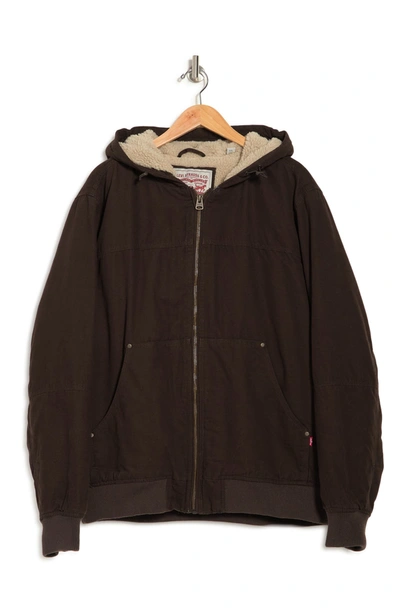 Levi's Workwear Cotton Canvas Faux Shearling Lined Hoodie Bomber Jacket In Dark Brown