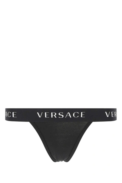 Versace Logo Waistband Thongs In Black