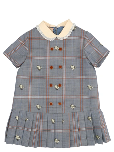 Gucci Girls Blue Check Wool Baby Dress In Multi