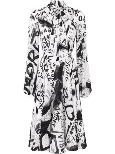Dolce & Gabbana Nylon Trench Coat With Dg Graffiti Print In Nero