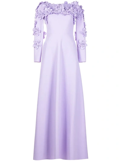 Greta Constantine Floral-appliqué Long Gown In Purple