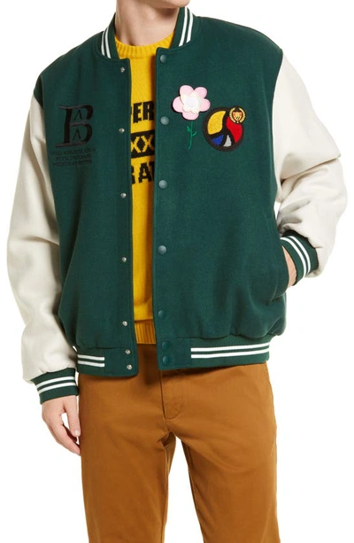 Bel-air Athletics Mens Chalk White Ivy Brand-embroidered Colour-blocked Felt Varsity Jacket L In Green