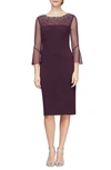 Alex Evenings Embellished Illusion Neck Sheath Dress In Aubergine