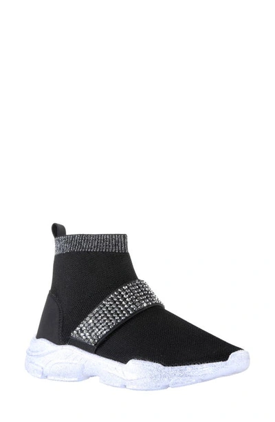 Nina Kids' Tamae Crystal Strap High Top Sock Sneaker In Black Knit