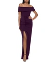 Xscape Women's Off-the-shoulder Leg-slit Long-sleeve Gown In Burgundy