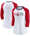 NIKE WOMEN'S WHITE, HEATHERED RED WASHINGTON NATIONALS COLOR SPLIT TRI-BLEND 3/4 SLEEVE RAGLAN T-SHIRT