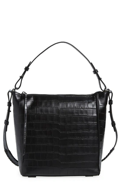 Allsaints Kita Croc Embossed Leather Shoulder/crossbody Bag In Black Croc