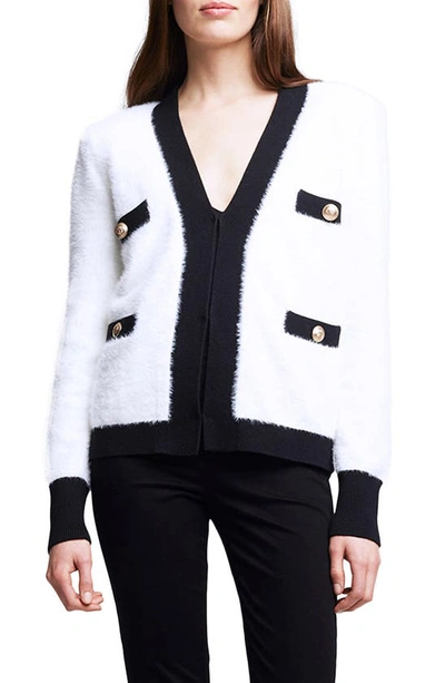 L Agence Kai Womens Contrast Trim Eyelash Cardigan Sweater In White