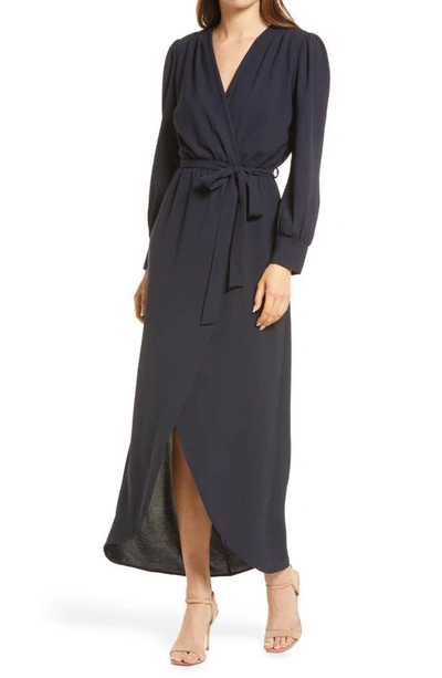 Fraiche By J Long Sleeve Faux Wrap Dress In Navy