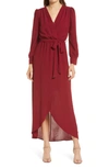 Fraiche By J Long Sleeve Faux Wrap Dress In Wine