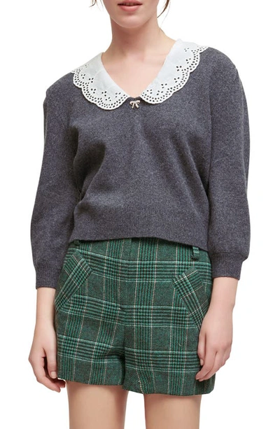 Maje Lace Collar Sweater In Grey