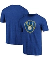 FANATICS MEN'S HEATHERED ROYAL MILWAUKEE BREWERS WEATHERED OFFICIAL LOGO TRI-BLEND T-SHIRT