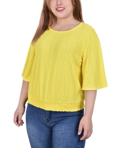 Ny Collection Plus Size Smocked Hem Knit Eyelet Top In Vibrant Yellow