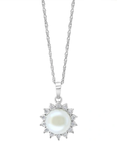 Effy Collection Effy Cultured Freshwater Pearl (7 Mm) & Diamond (1/20 Ct. T.w.) Halo 18" Pendant Necklace In Sterlin In Sterling Silver