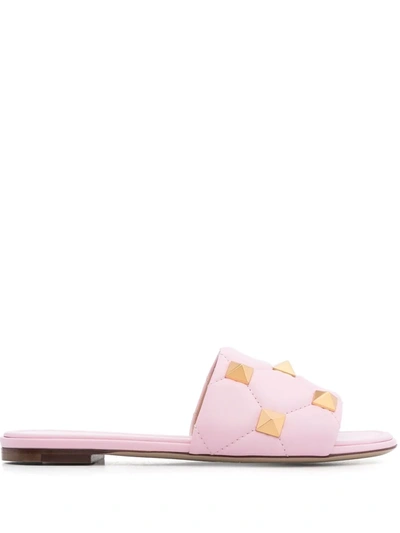 Valentino Garavani Roman Stud Enameled Flat Slide Sandals In Pink