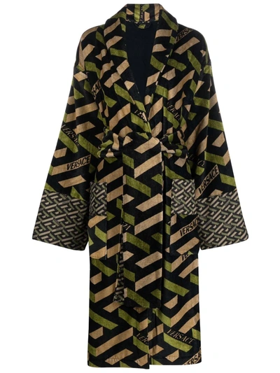 Versace La Greca Jacquard Bathrobe In Green