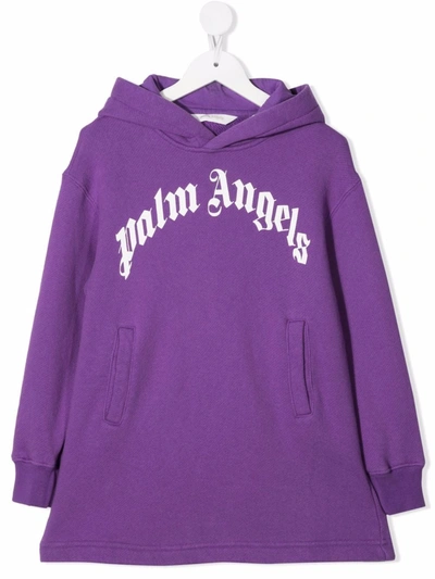 Palm Angels Logo Print Hooded Cotton Sweat Dress In Purple