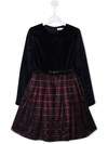 Abel & Lula Teen Checked Panel Midi Dress In 蓝色
