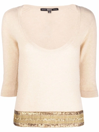Pre-owned Gianfranco Ferre 1990s Sequin-embellished Plunging Neck Knitted Top In 中性色