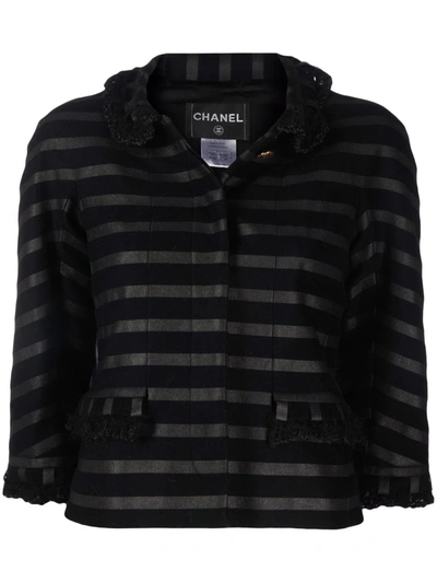 Pre-owned Chanel 2009 Peter Pan Collar Striped Jacket In 黑色