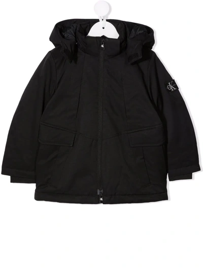 Calvin Klein Hood Logo-print Zip-up Jacket In 黑色