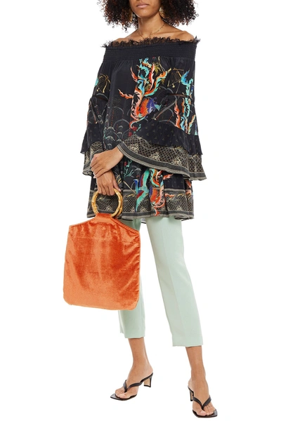 Camilla Off-the-shoulder Lace-trimmed Printed Silk Crepe De Chine Top In Black