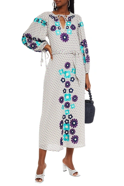 Antik Batik Apoline Embroidered Printed Cotton-gauze Midi Dress In Lavender
