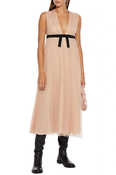 Red Valentino Bow-embellished Pleated Point D'esprit Midi Dress In Blush