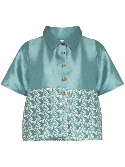 Kika Vargas Irene Quilted Star Silk Blend Taffeta Button-up Shirt In Light Blue Quilted Stars