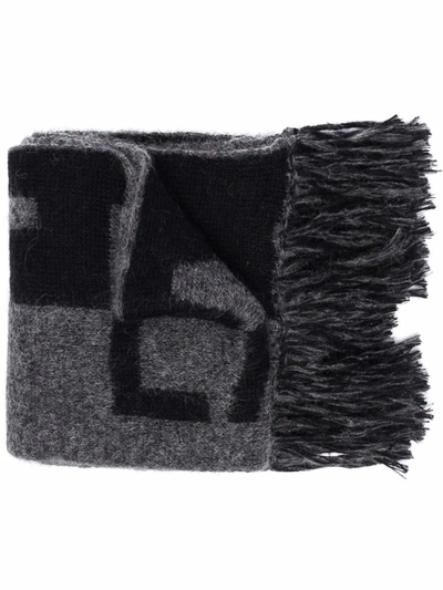 Saint Laurent Fringed Two-tone Jacquard-knit Wool-blend Scarf In Black
