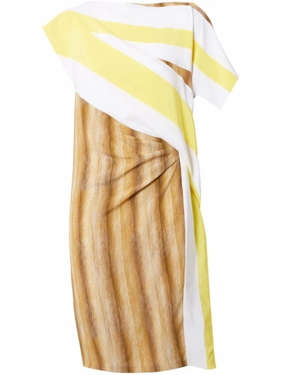 Burberry Flag And Animal Print Silk Asymmetric Dress In Weiss