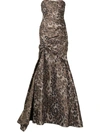 MONIQUE LHUILLIER COLD-SHOULDER LEOPARD PRINT GOWN