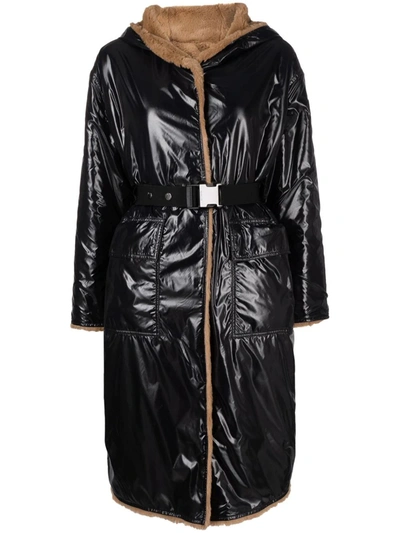 Moncler Actee Reversible Hooded Belted Glossed-shell And Faux Shearling Coat In Black