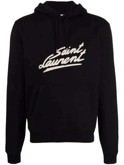 Saint Laurent Logo-print Fleece-back Cotton-jersey Hoodie In Black