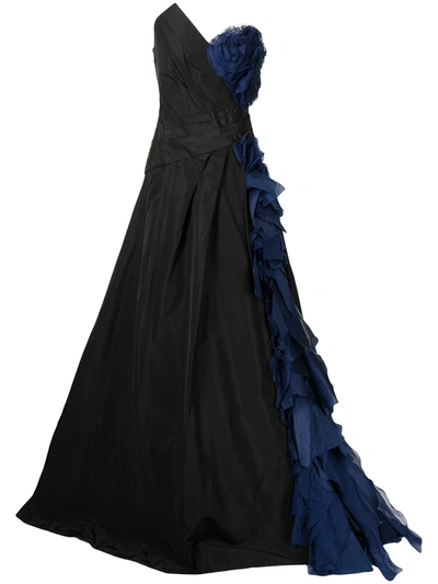 Monique Lhuillier Strapless Organza-trim Gown In Blau