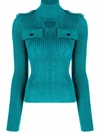 Bottega Veneta High-neck Ribbed Stretch-woven Top In Blue