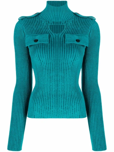 Bottega Veneta High-neck Ribbed Stretch-woven Top In Blue