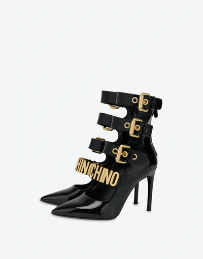 Moschino Lettering Multi-straps Patent Leather Pumps In Black