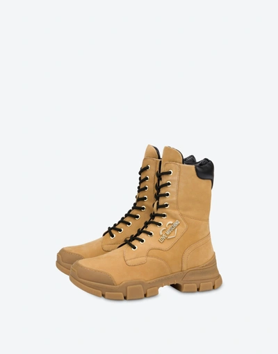 Love Moschino Nubuck Trekking Combat Boot In Beige